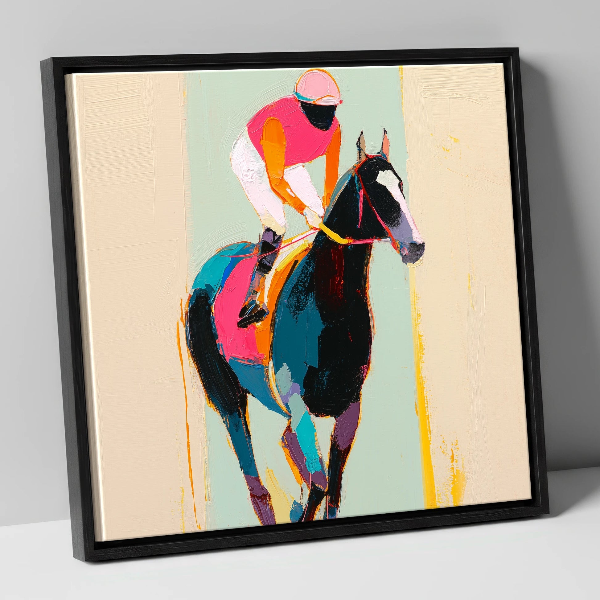 The Bold Contender racing horse canvas wall art in black frame