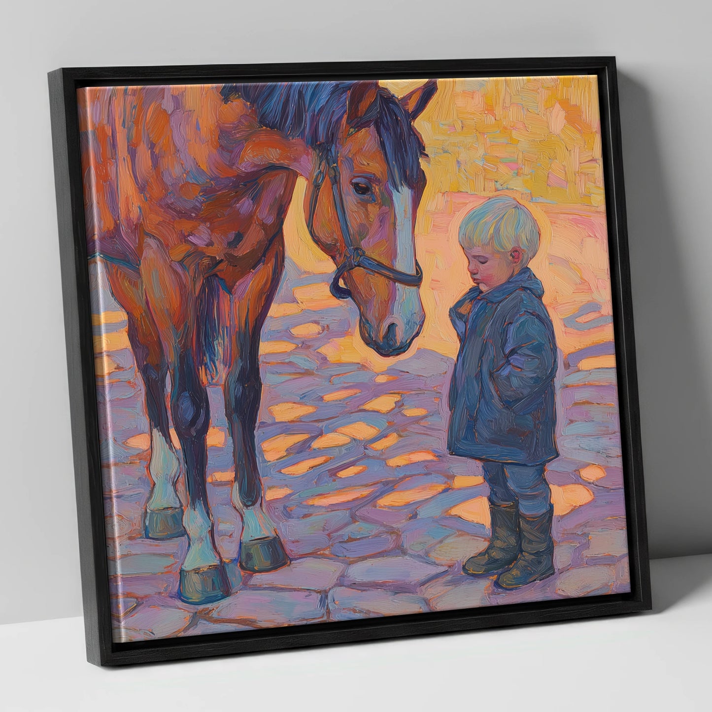 The Gentle Encounter horse & rider canvas wall art in black frame