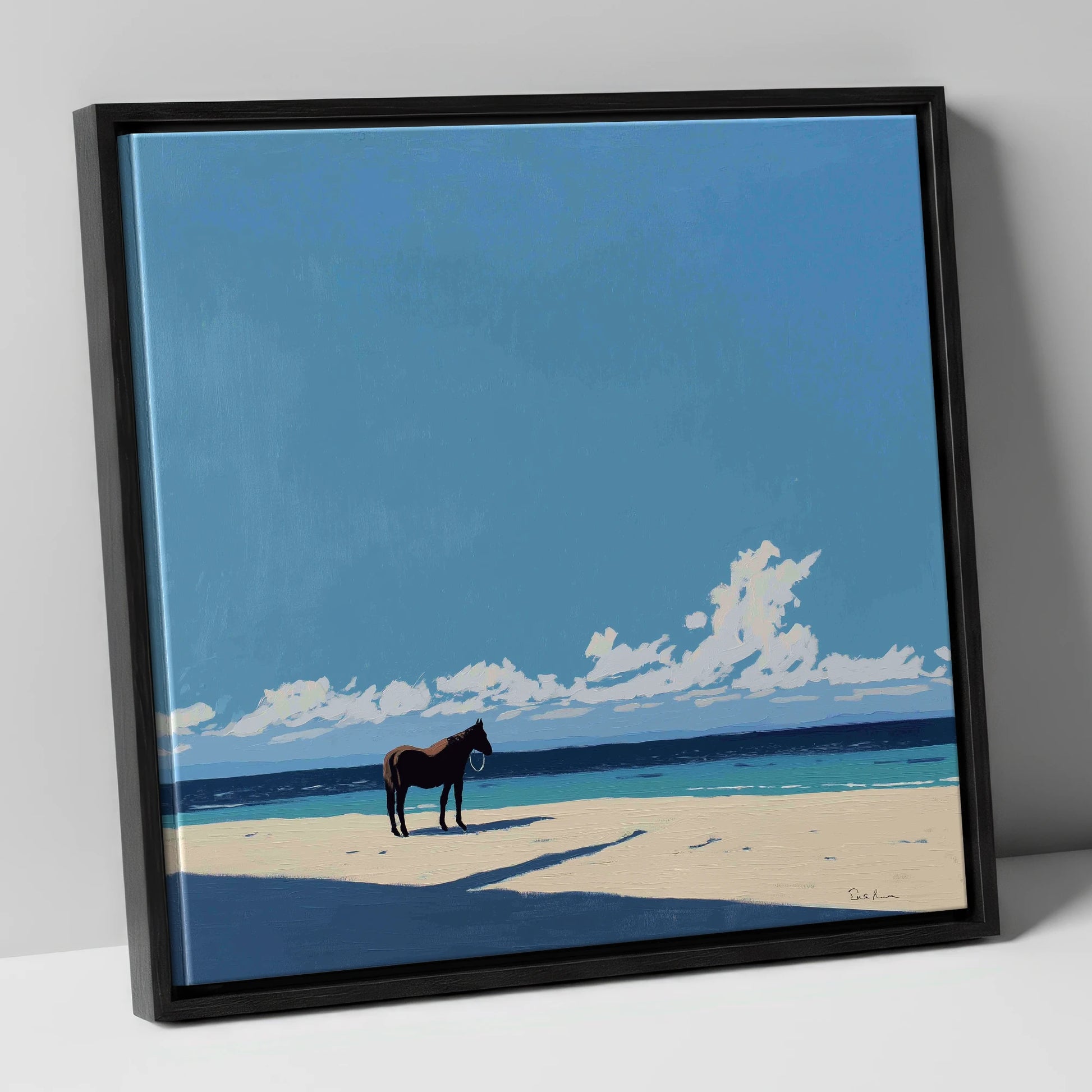 Coastal Contemplation horse landscape canvas wall art in black frame