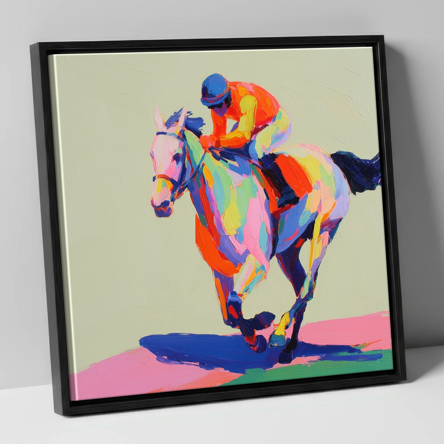 Technicolour Sprint racing horse canvas wall art in black frame