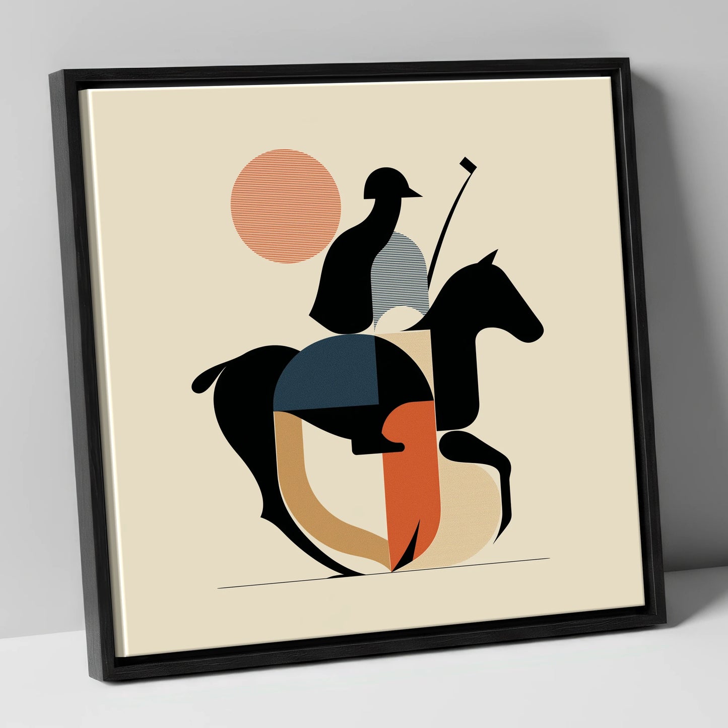Mid-Century Polo Match polo horse canvas wall art in black frame