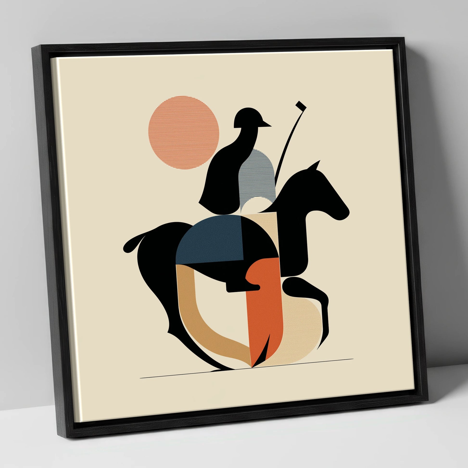 Mid-Century Polo Match polo horse canvas wall art in black frame
