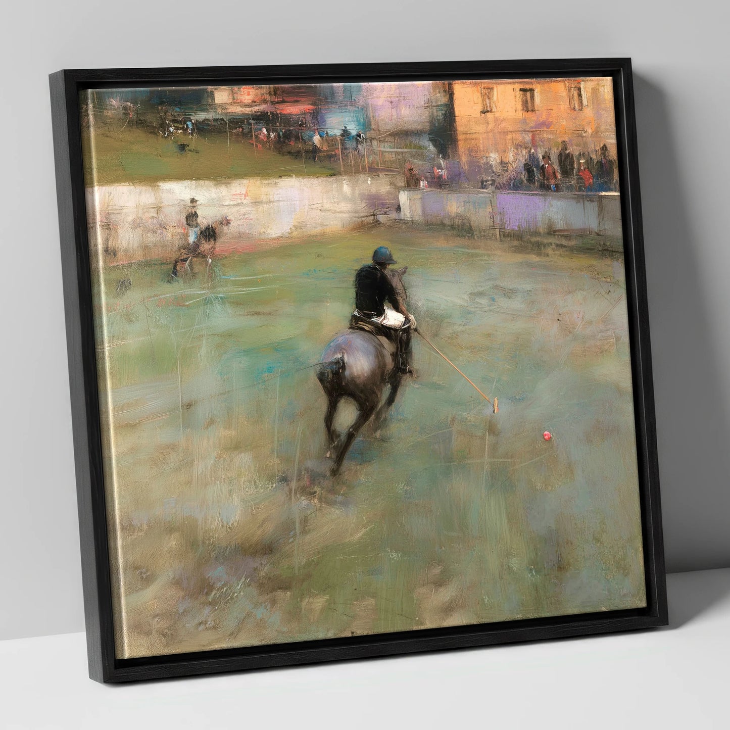 The Breakaway Drive polo horse canvas wall art in black frame