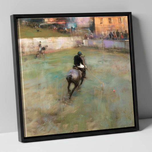 The Breakaway Drive polo horse canvas wall art in black frame