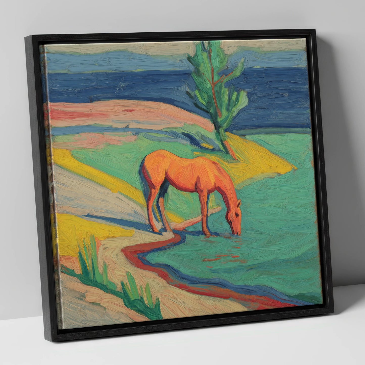 The Vivid Oasis horse landscape canvas wall art in black frame