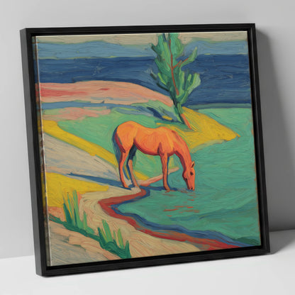 The Vivid Oasis horse landscape canvas wall art in black frame