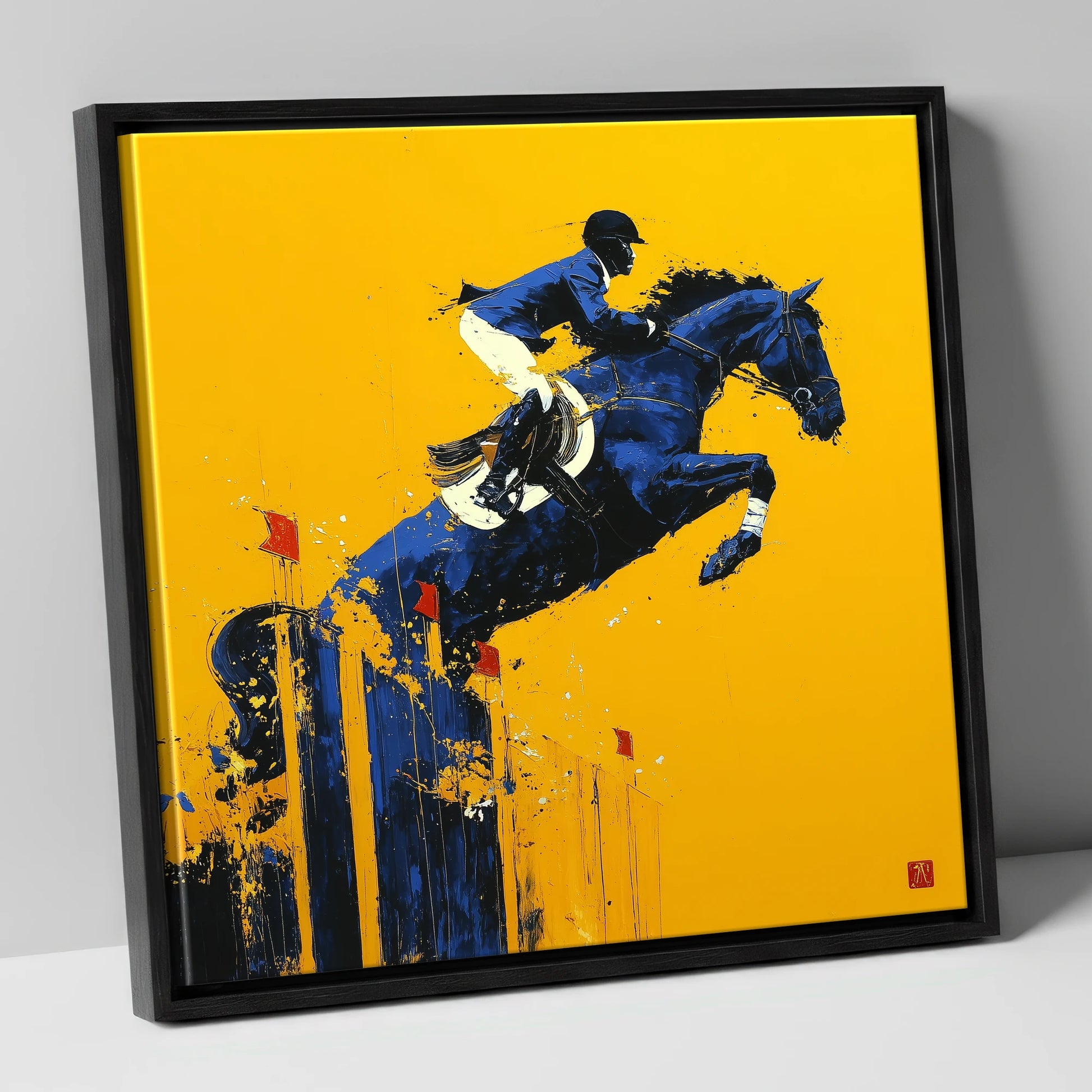 Indigo Ascent show jumping horse canvas wall art in black frame