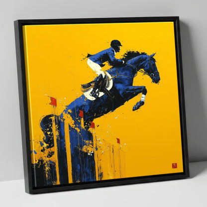 Indigo Ascent show jumping horse canvas wall art in black frame