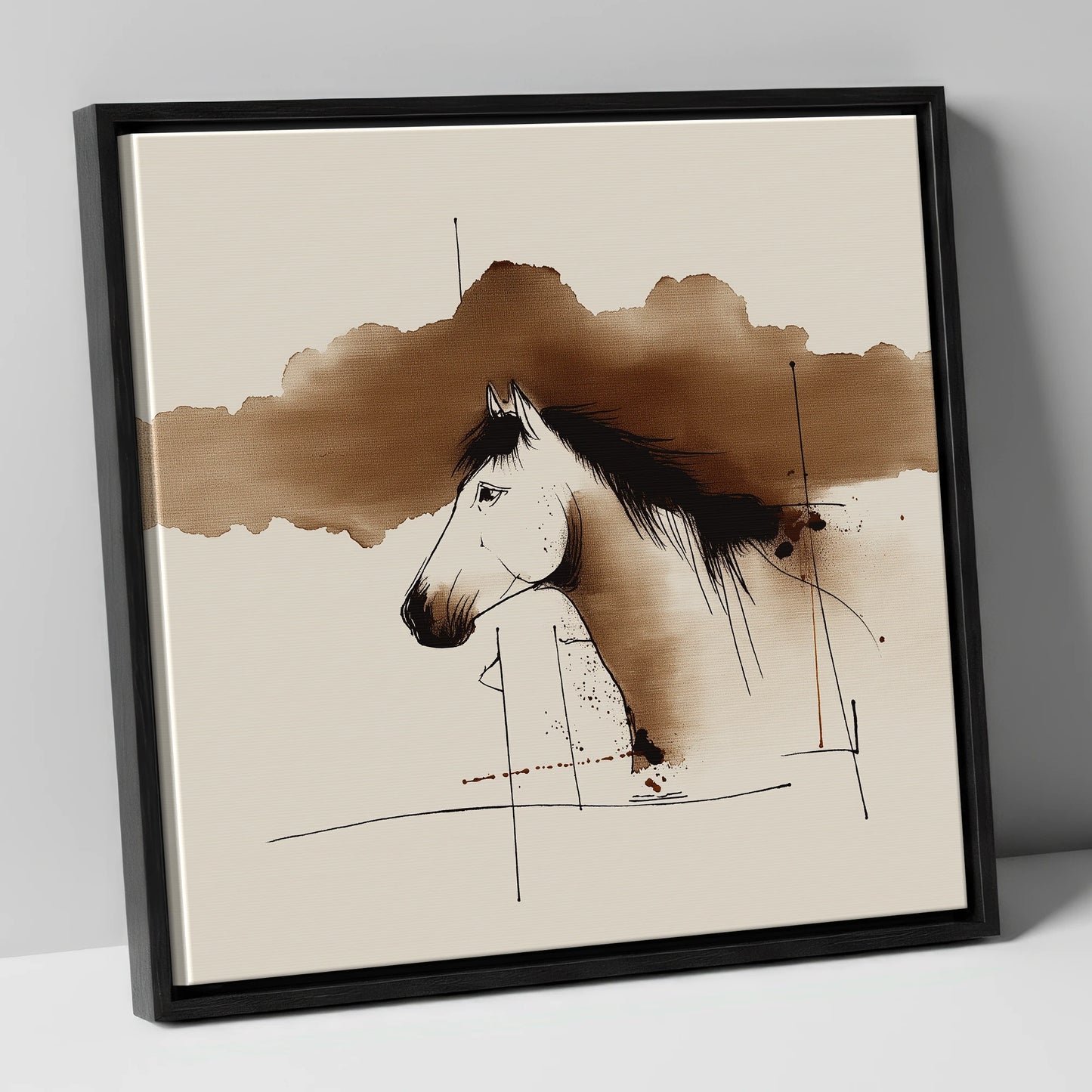 Abstract Sepia Equine Profile horse portrait canvas wall art in black frame