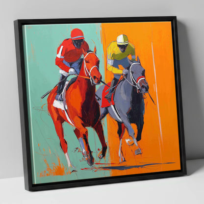 Neck and Neck racing horse canvas wall art in black frame