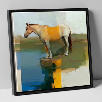 Geometric Waterside Reflection horse landscape canvas wall art in black frame