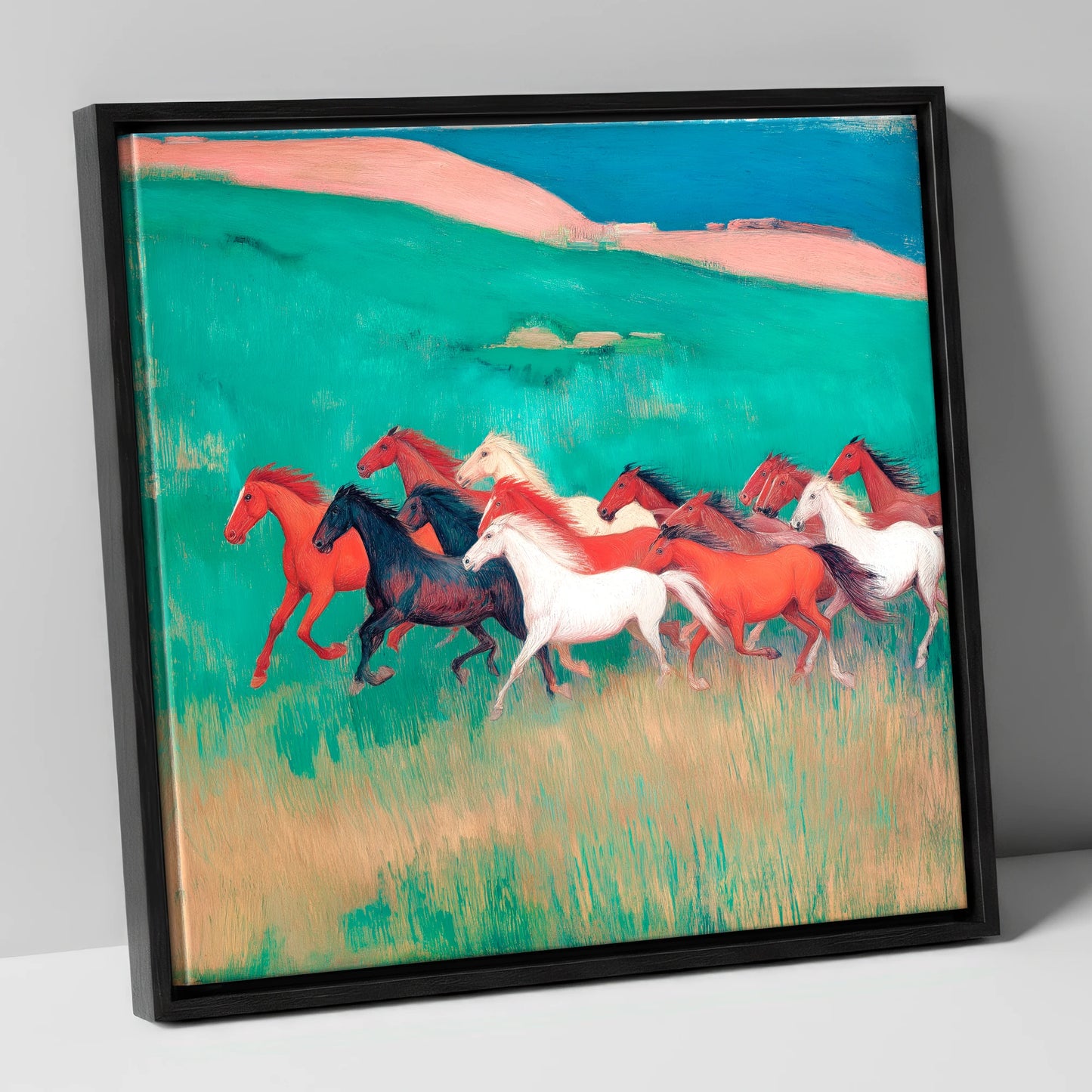 Crimson and Emerald Herd wild horses canvas wall art in black frame