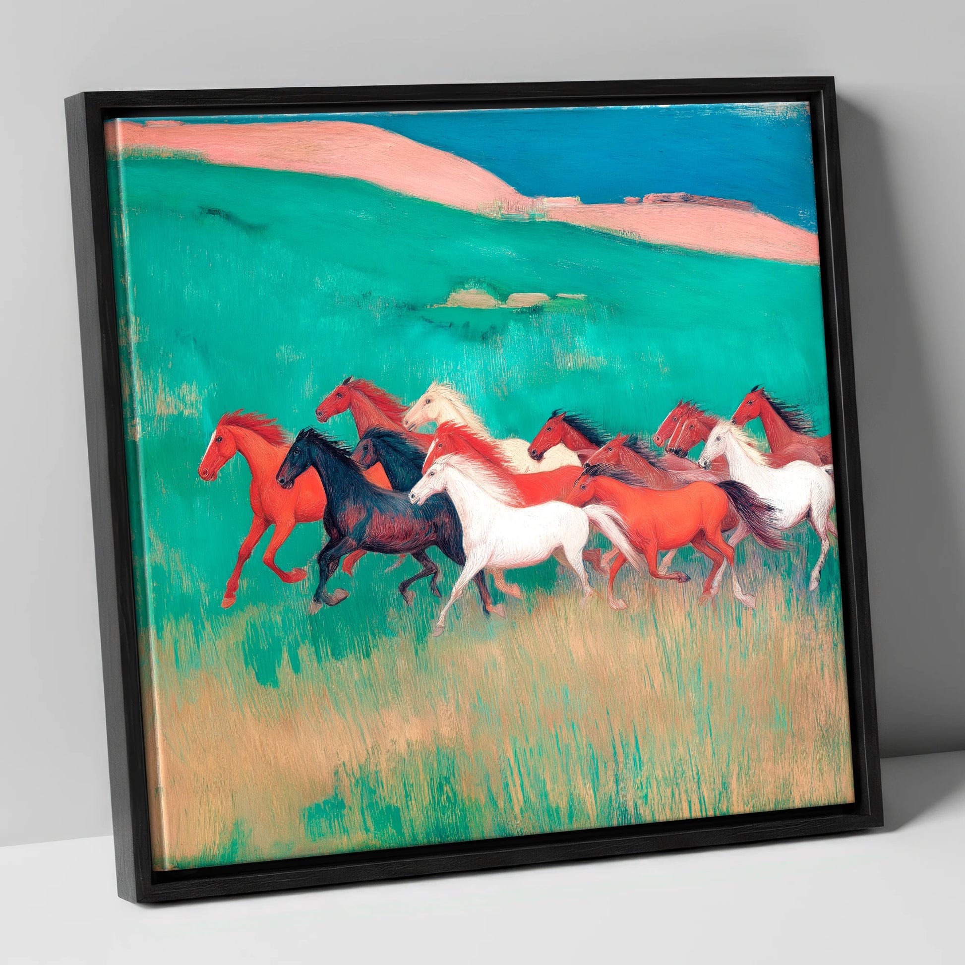 Crimson and Emerald Herd wild horses canvas wall art in black frame
