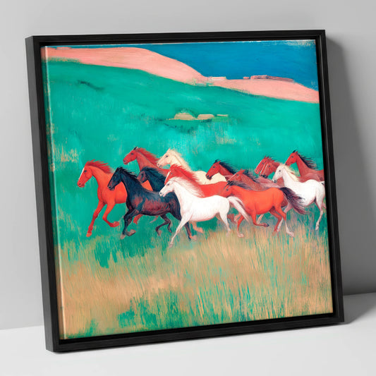 Crimson and Emerald Herd wild horses canvas wall art in black frame