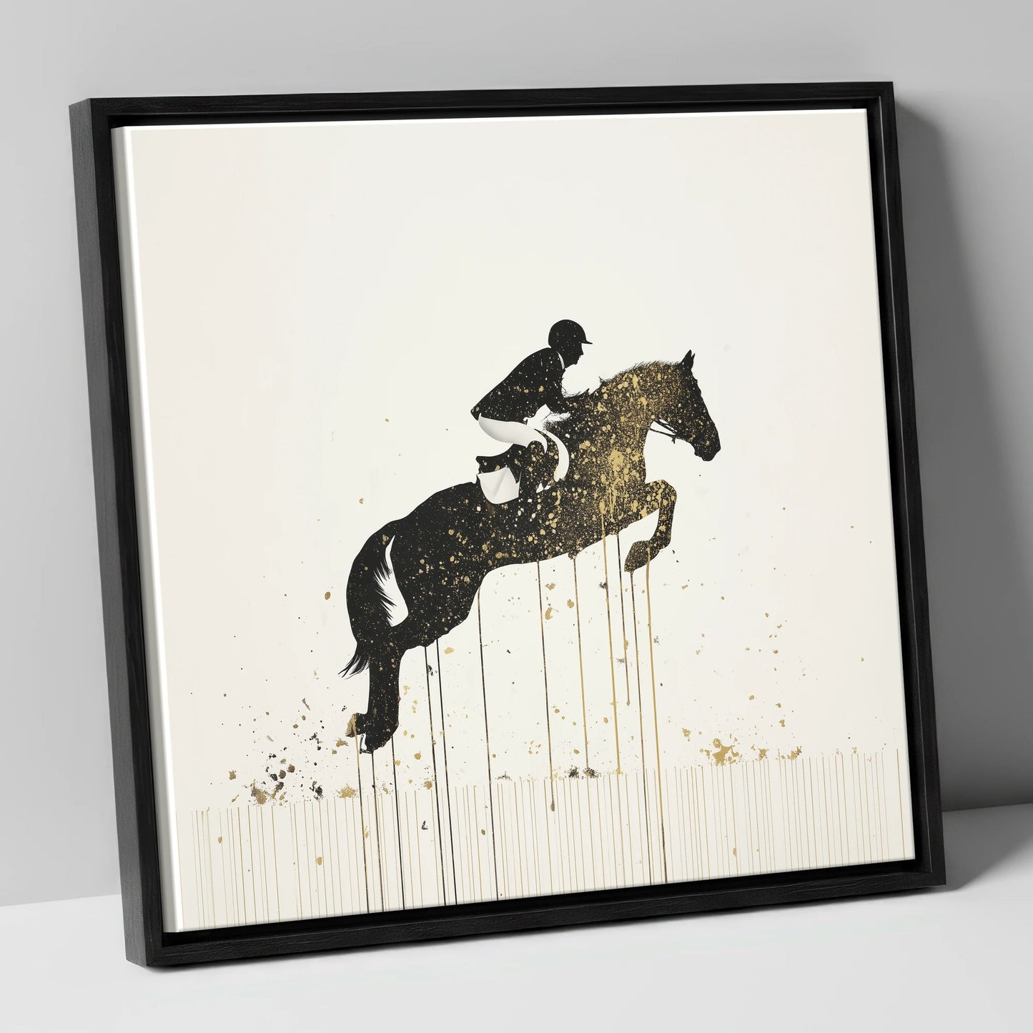 Suspended in Gold show jumping horse canvas wall art in black frame