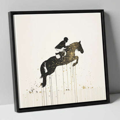 Suspended in Gold show jumping horse canvas wall art in black frame
