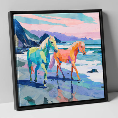 Vivid Coastal Companions horse landscape canvas wall art in black frame
