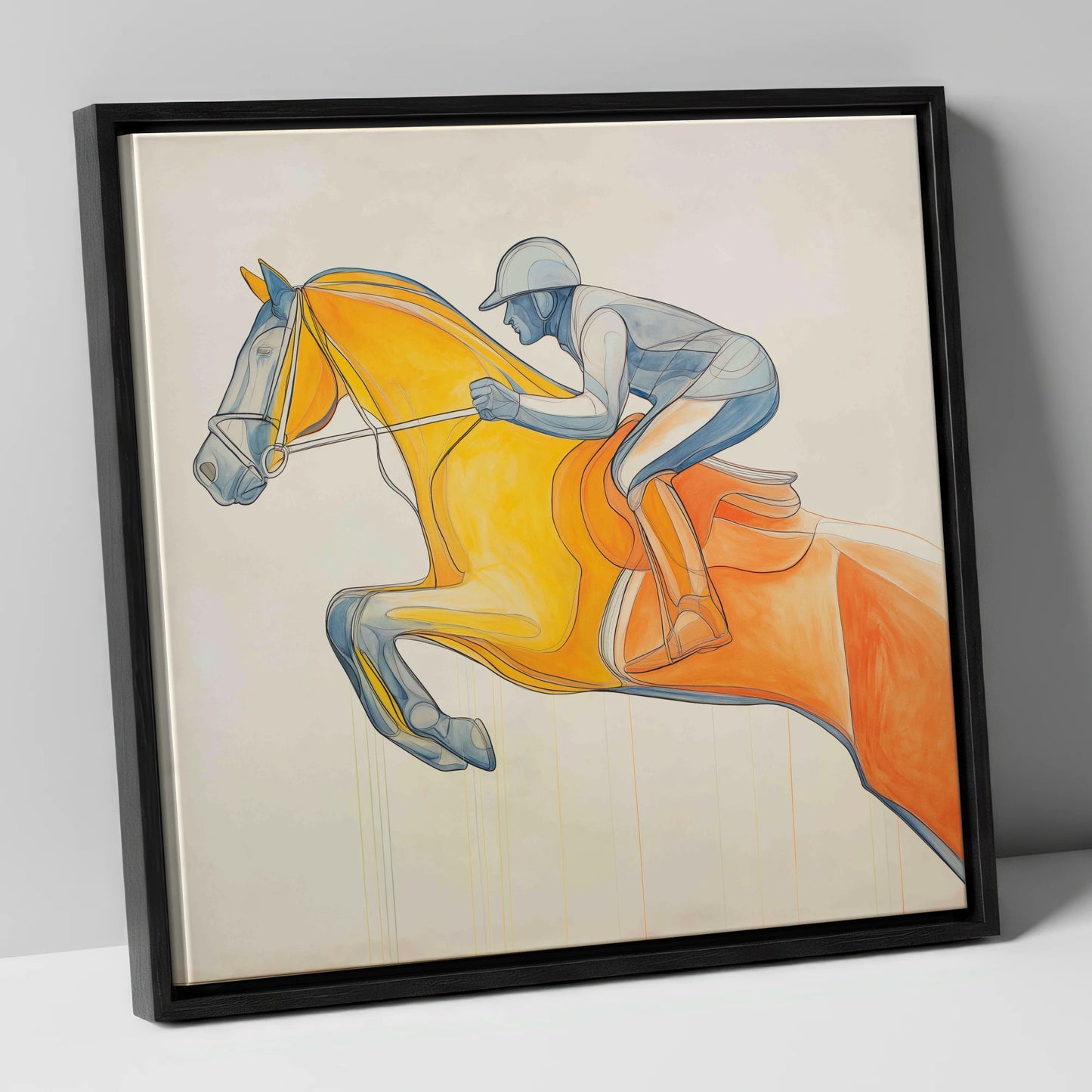 The Amber Arc show jumping horse canvas wall art in black frame