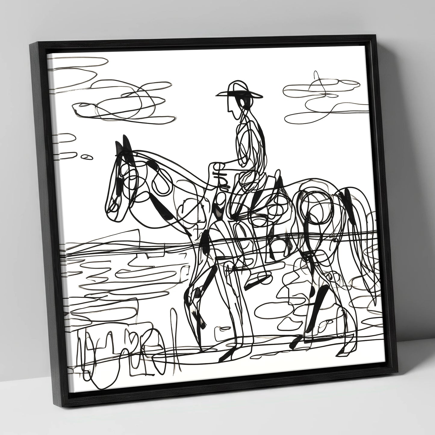 Linear Beach Ride beach horse canvas wall art in black frame