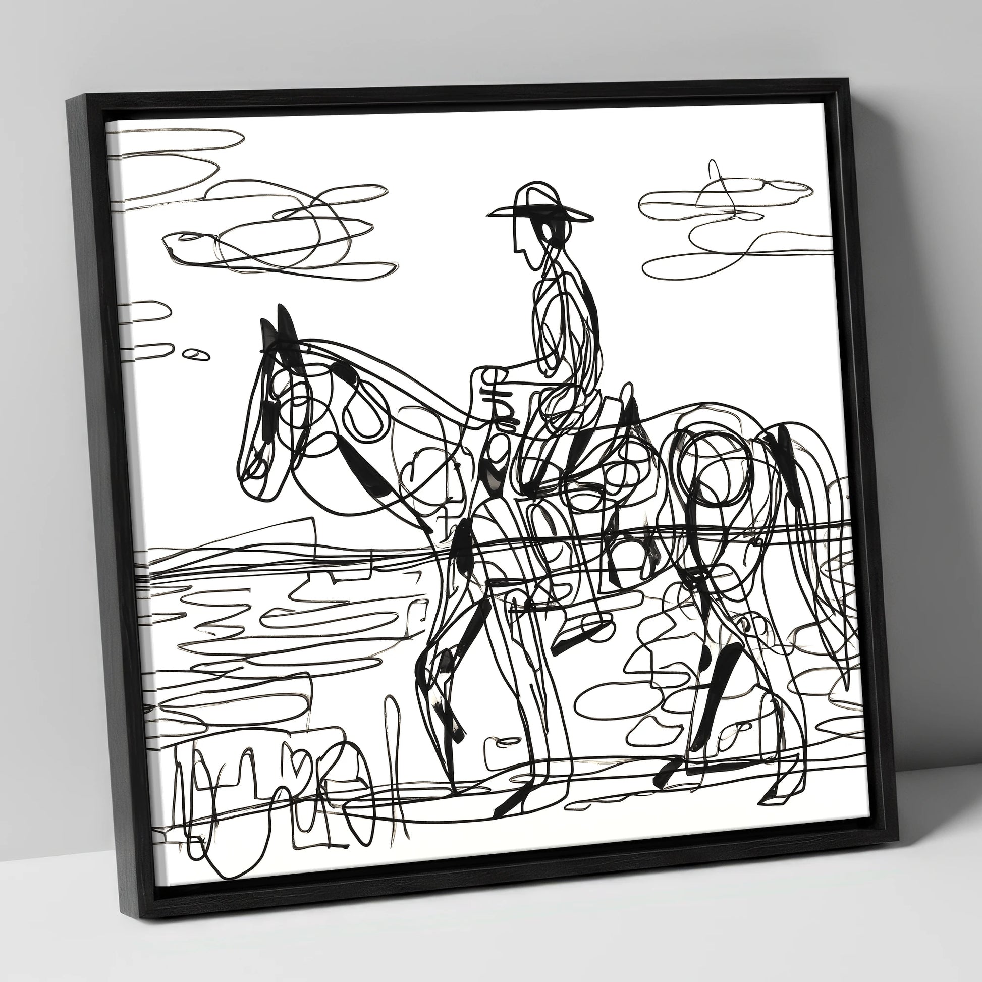 Linear Beach Ride beach horse canvas wall art in black frame