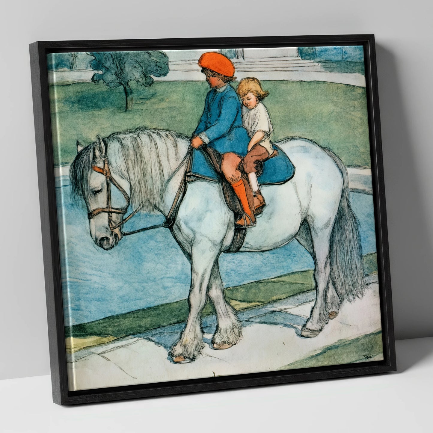 The Shared Ride horse & rider canvas wall art in black frame