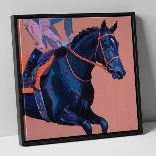 Indigo Rush racing horse canvas wall art in black frame
