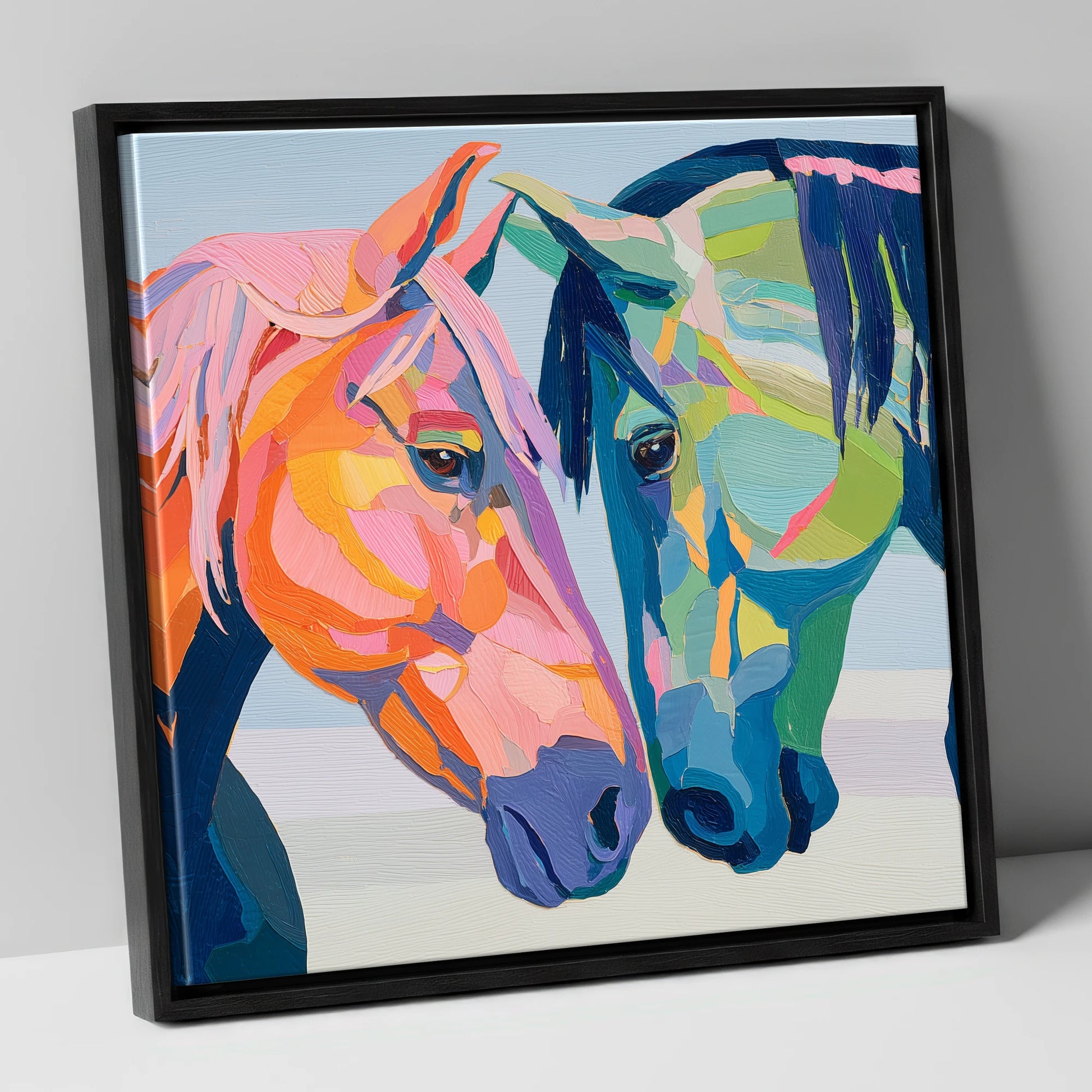 Vibrant Equine Connection horse portrait canvas wall art in black frame