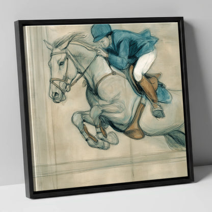 Suspended Flight show jumping horse canvas wall art in black frame