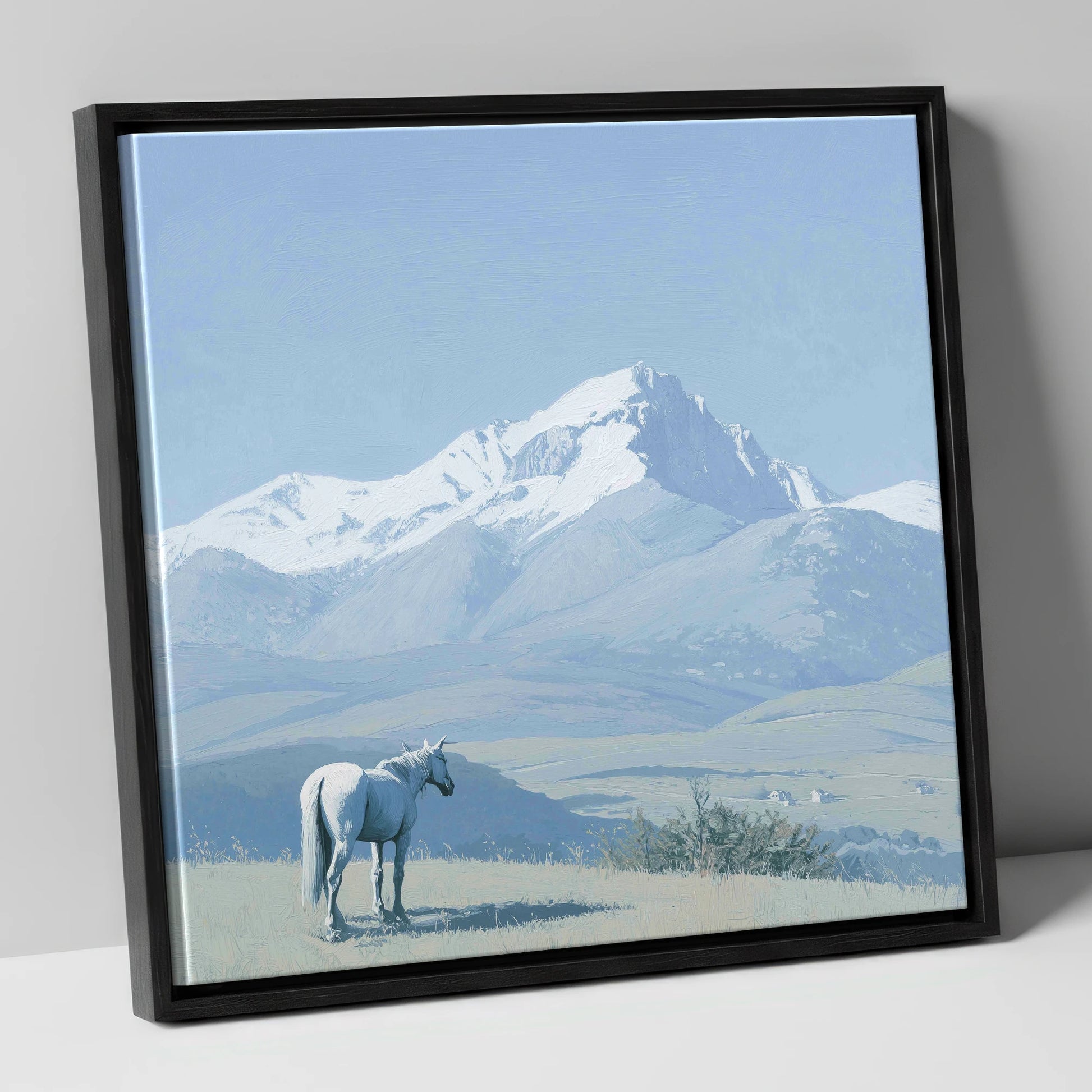 Alpine Solitude horse landscape canvas wall art in black frame