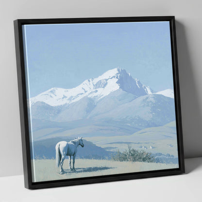 Alpine Solitude horse landscape canvas wall art in black frame
