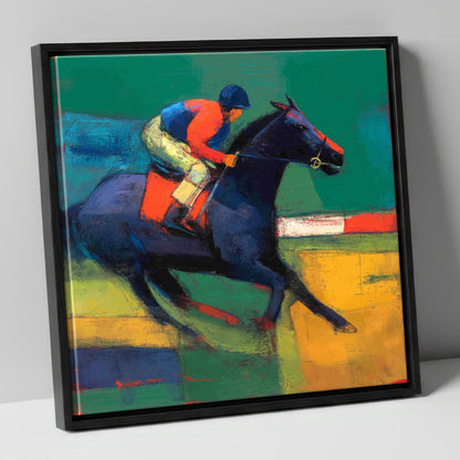 Thundering Colours racing horse canvas wall art in black frame