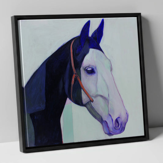 Indigo and Ice horse portrait canvas wall art in black frame