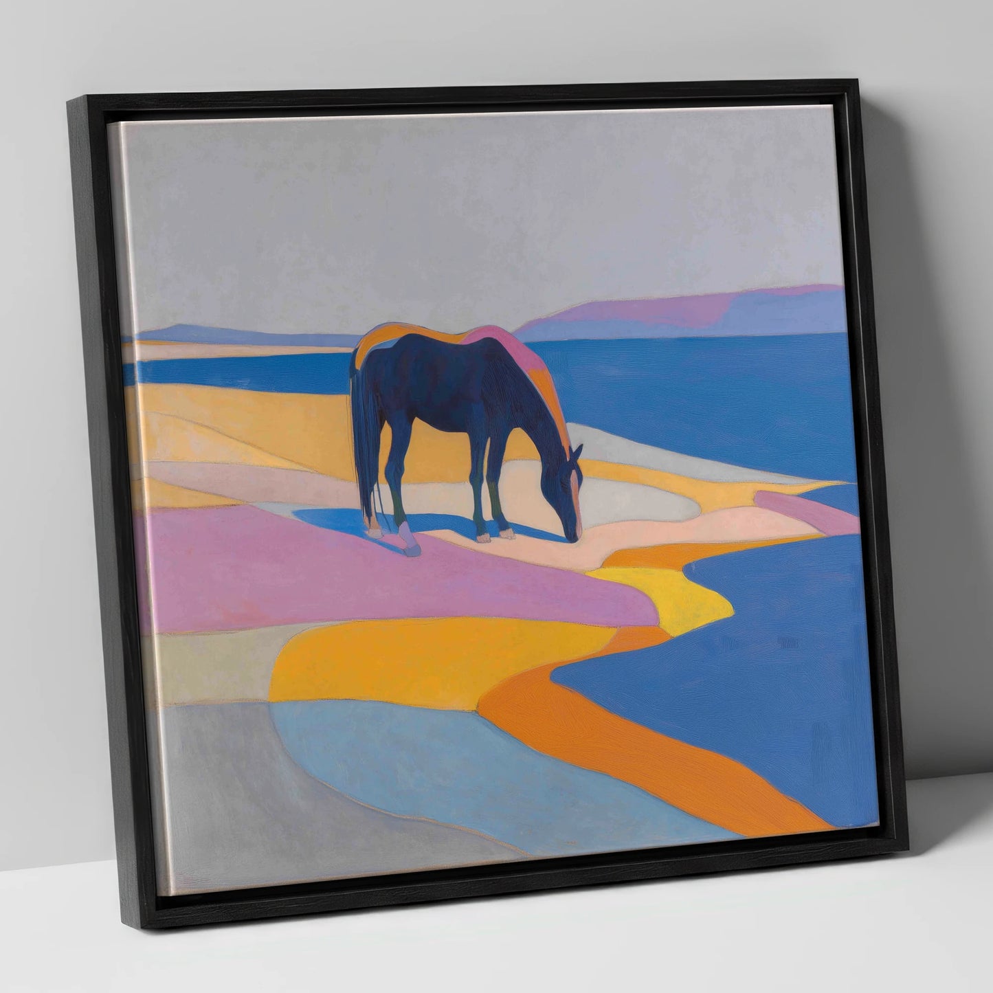 Vivid Equine Horizon horse landscape canvas wall art in black frame