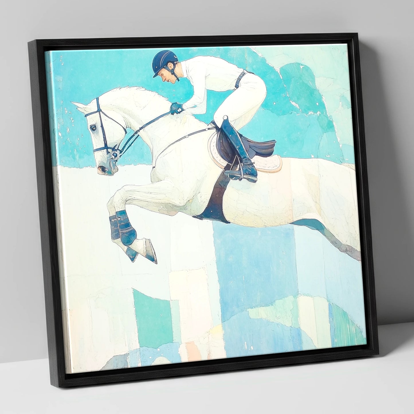 Teal Ascent show jumping horse canvas wall art in black frame
