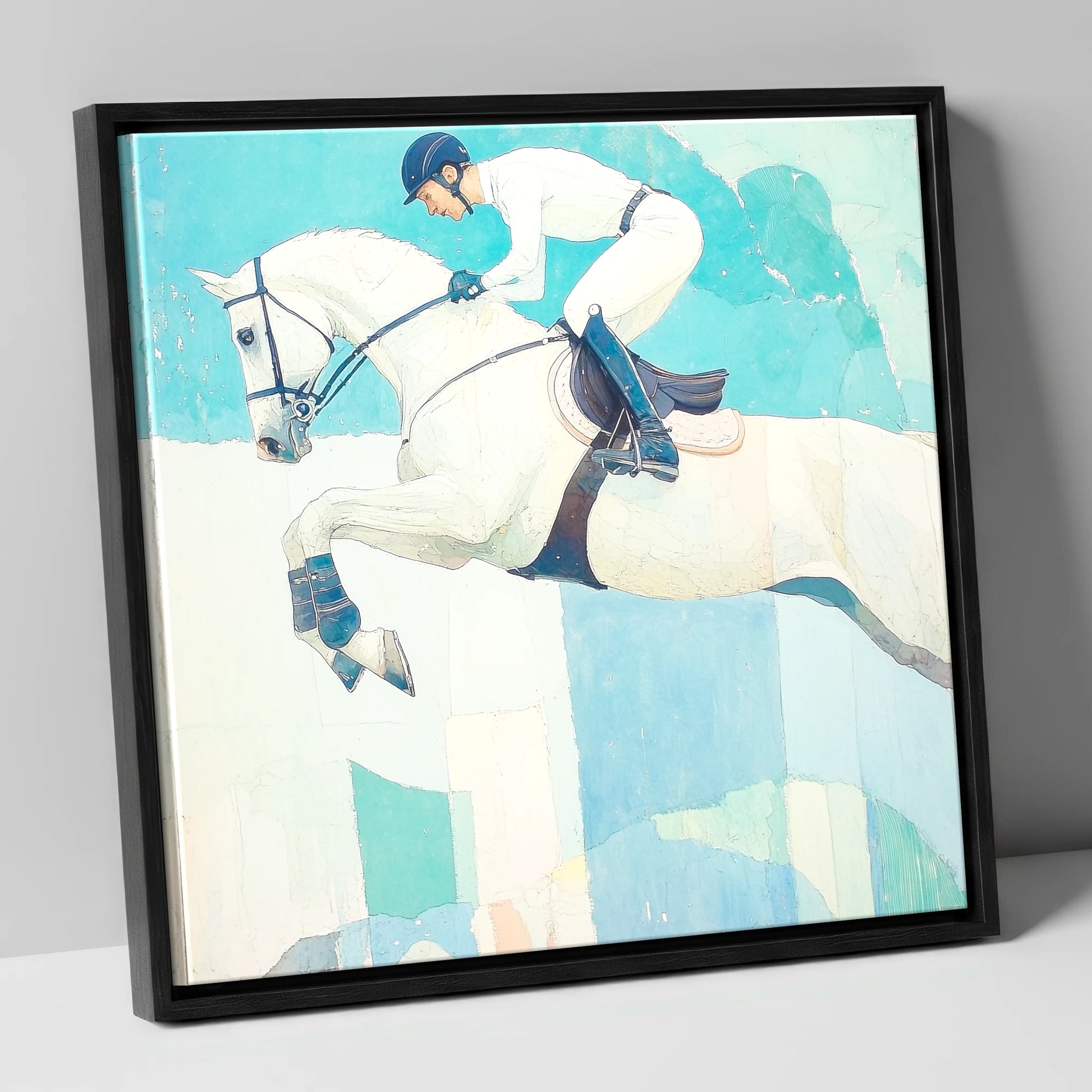 Teal Ascent show jumping horse canvas wall art in black frame