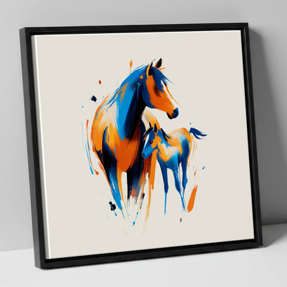 Azure and Amber Bond mare & foal canvas wall art in black frame