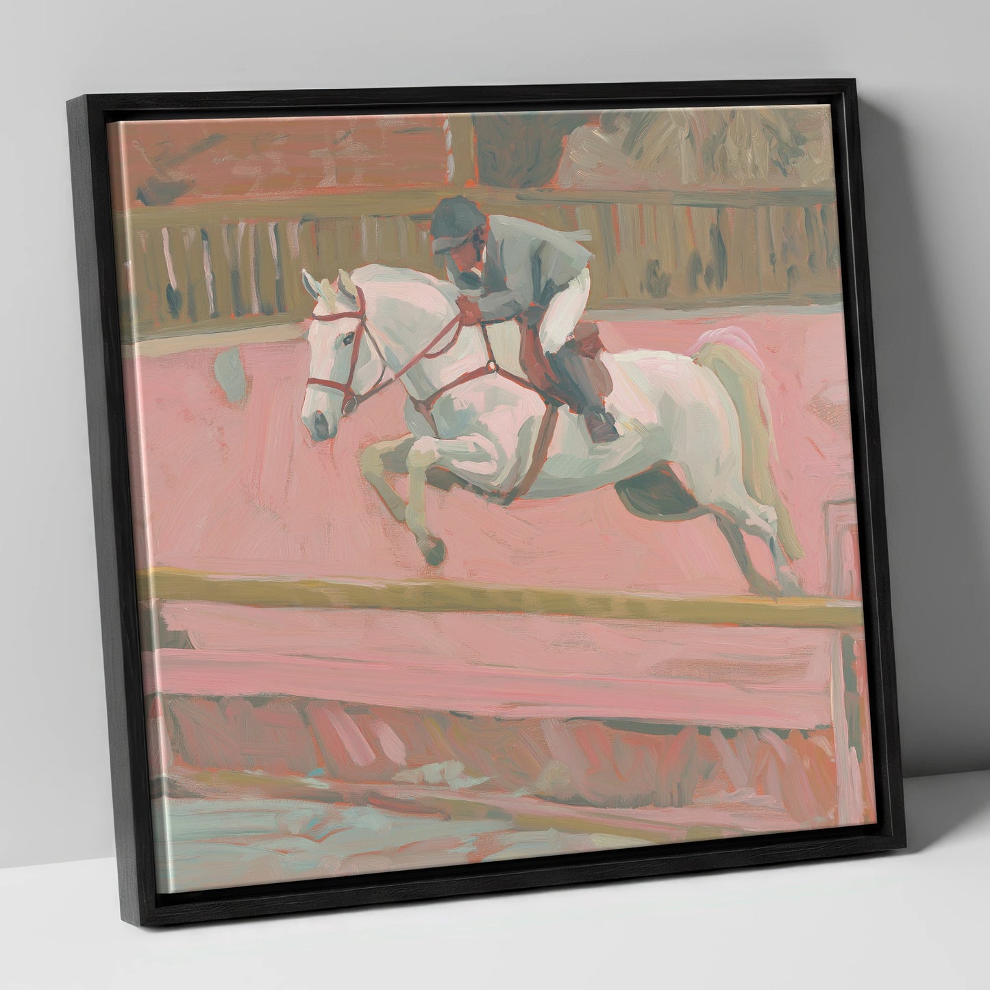 Flight in Dusty Pink show jumping horse canvas wall art in black frame
