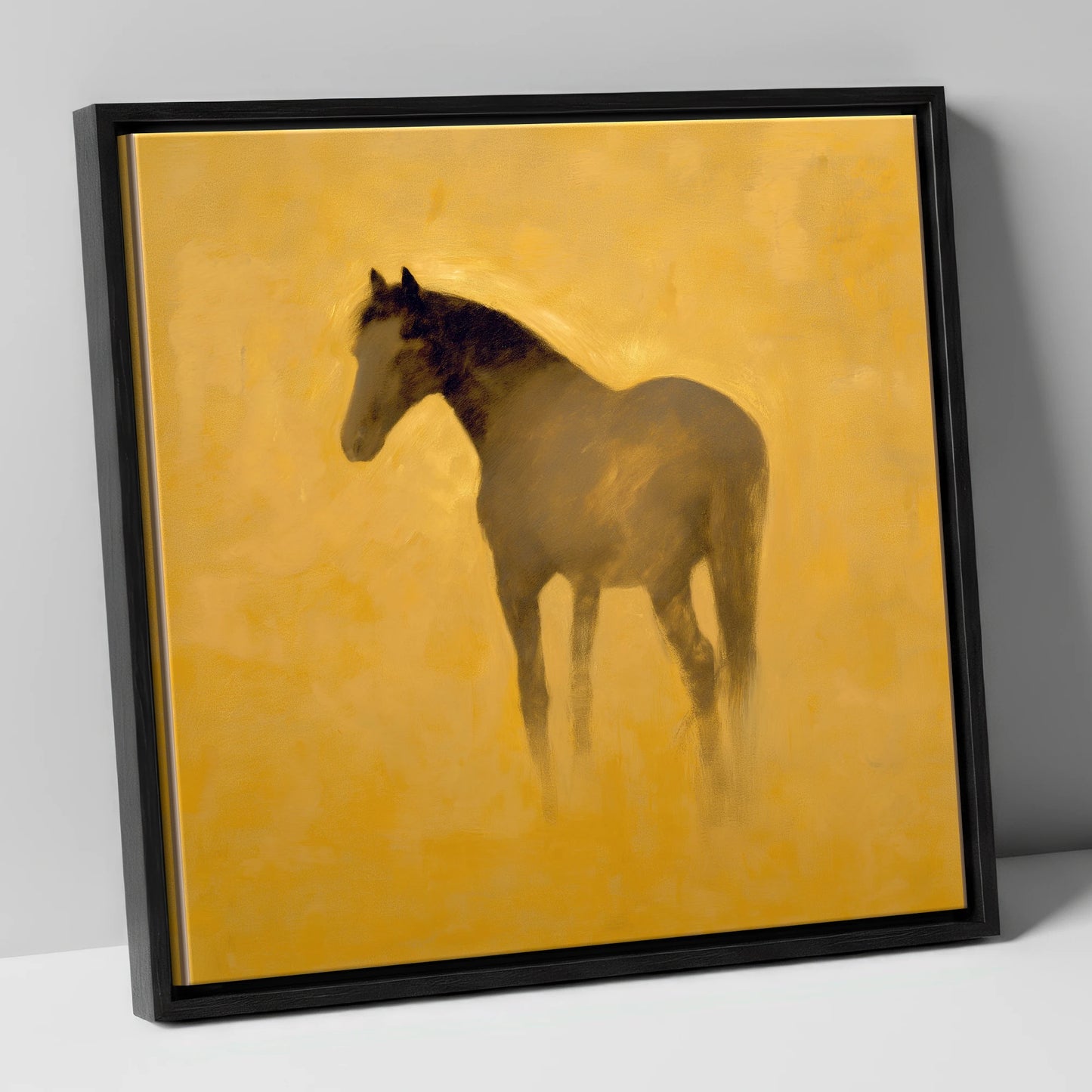 Golden Equine Silhouette horse portrait canvas wall art in black frame