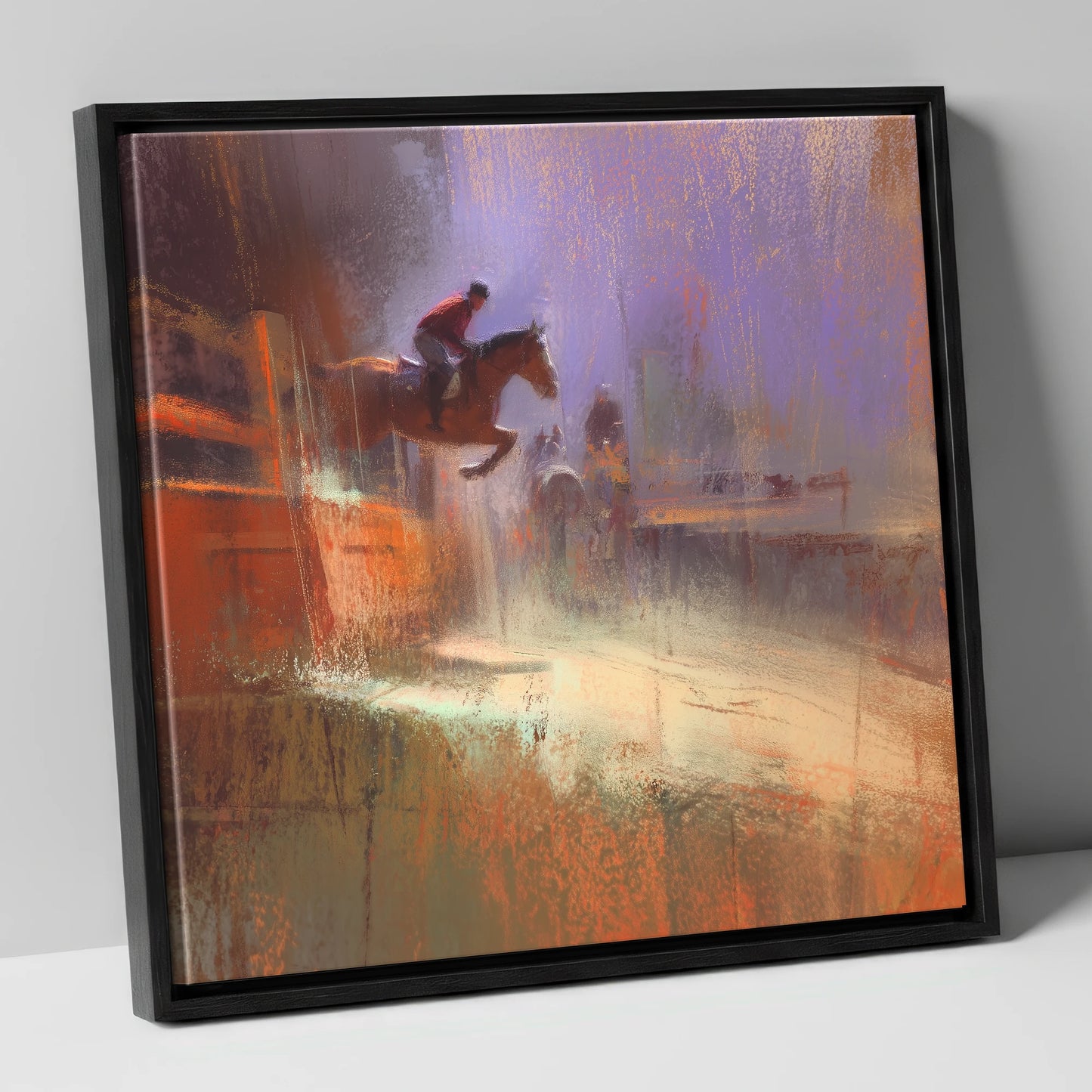 Violet And Sienna Ascent show jumping horse canvas wall art in black frame
