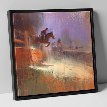 Violet And Sienna Ascent show jumping horse canvas wall art in black frame