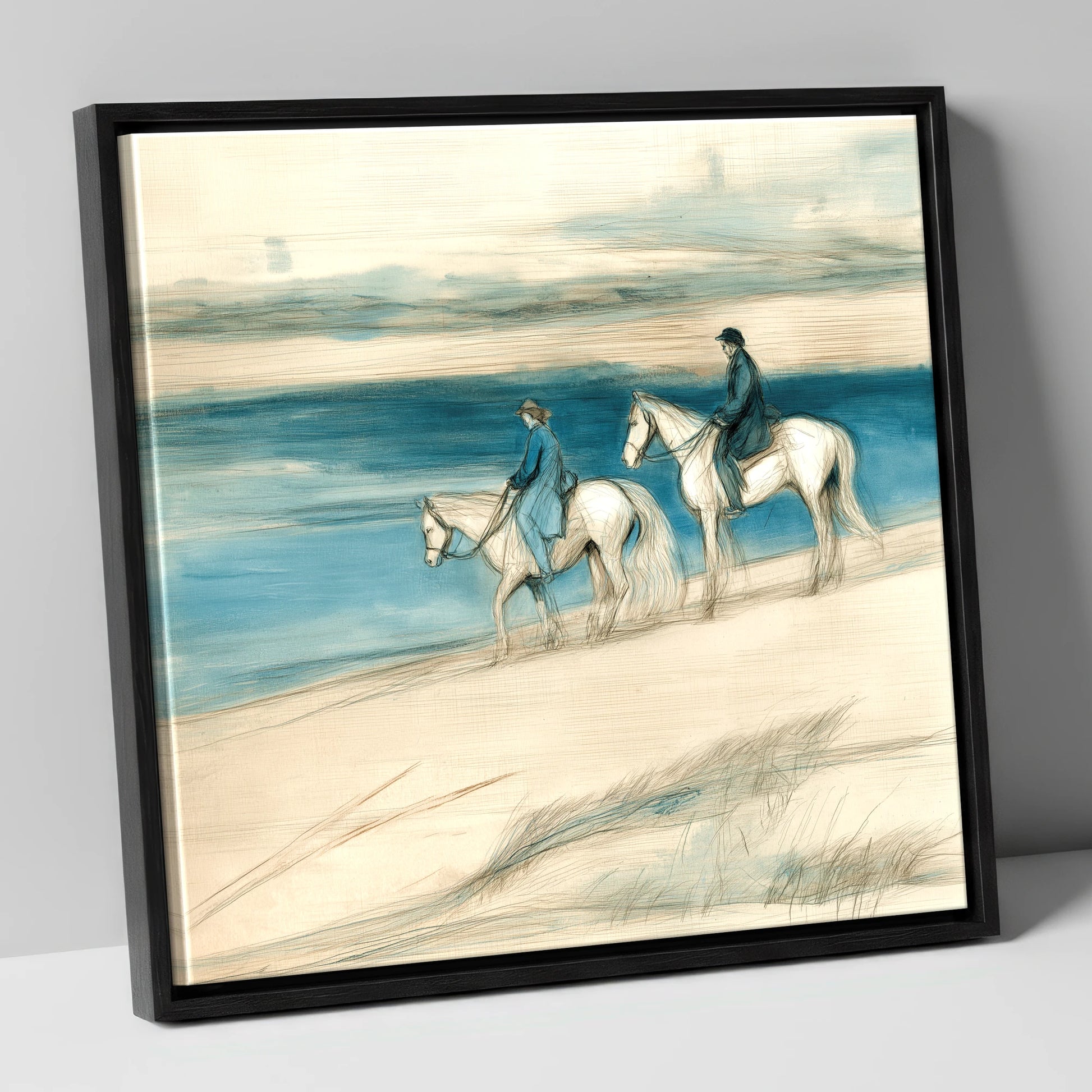 Tide Line Companions beach horse canvas wall art in black frame
