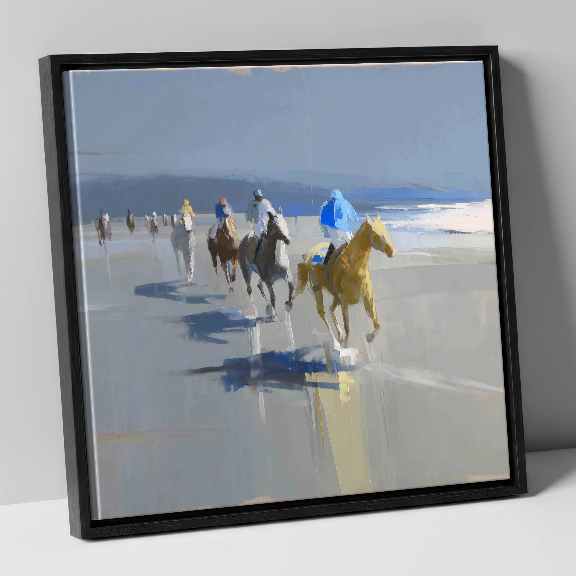Coastal Morning String racing horse canvas wall art in black frame