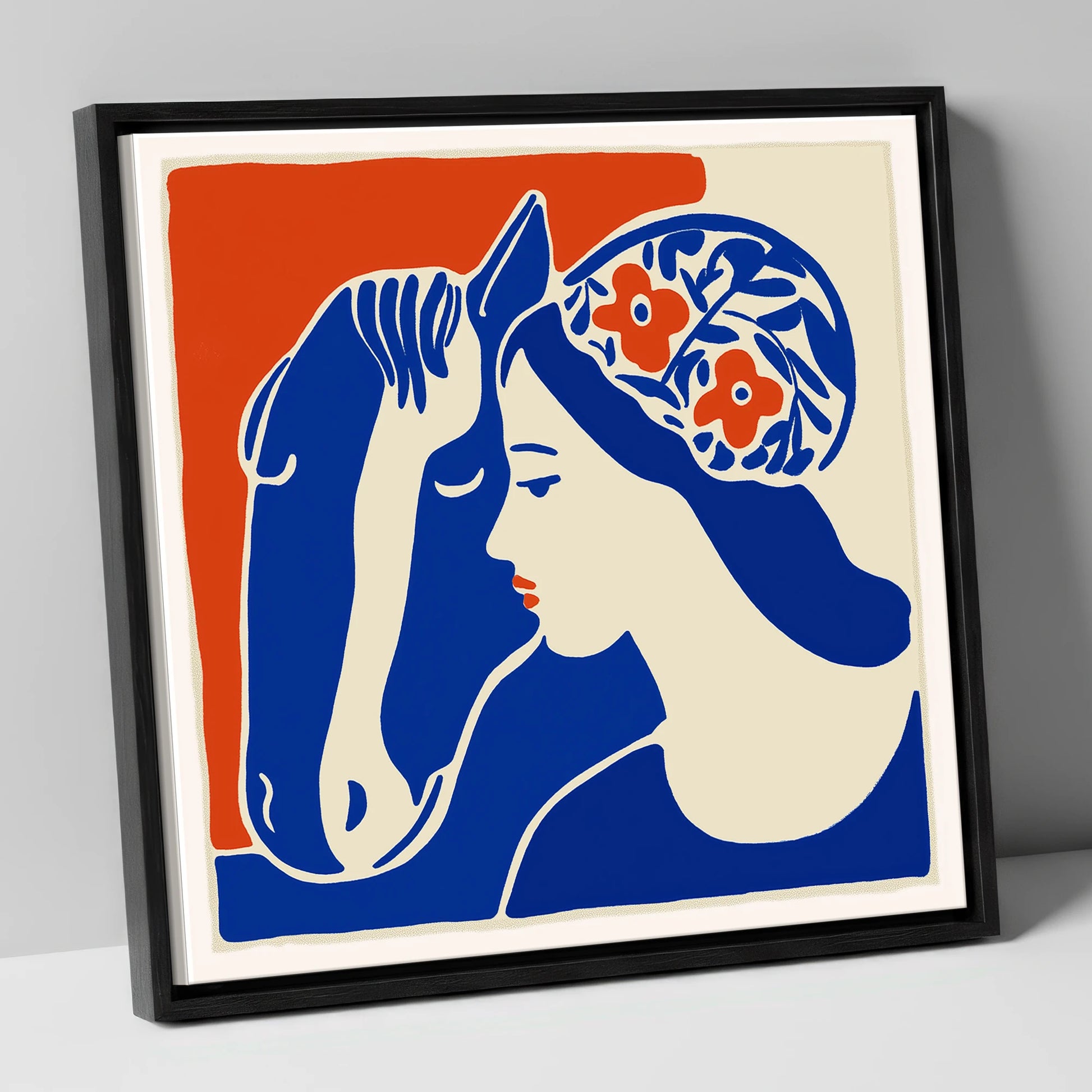 Cobalt Equine Bond horse & rider canvas wall art in black frame