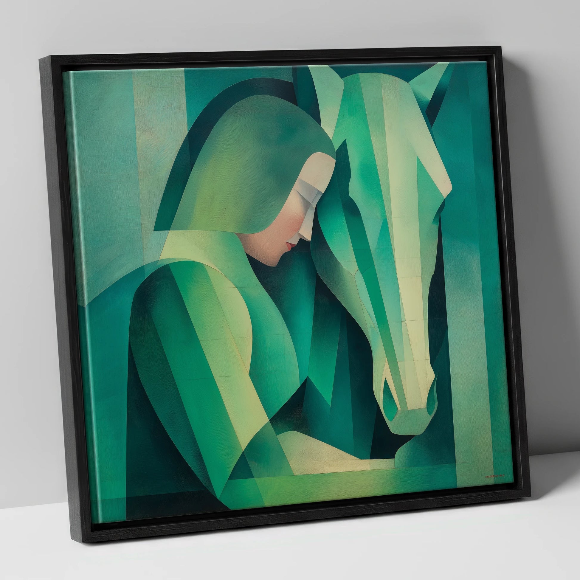 The Emerald Bond horse & rider canvas wall art in black frame