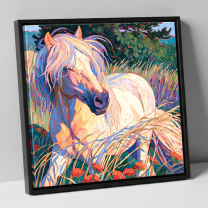 Colourful Horse In Poppy Meadow horse breed canvas wall art in black frame