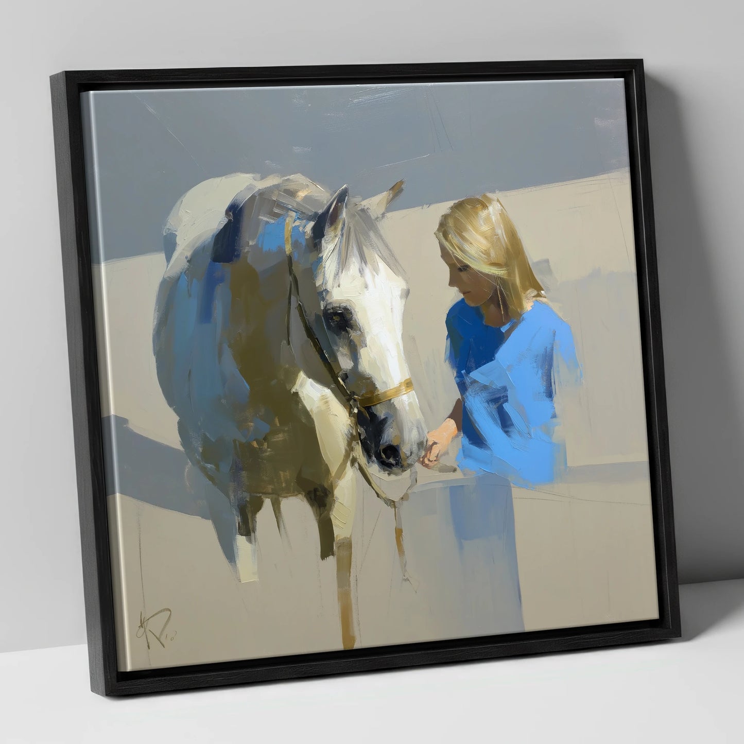 Quiet Connection horse & rider canvas wall art in black frame