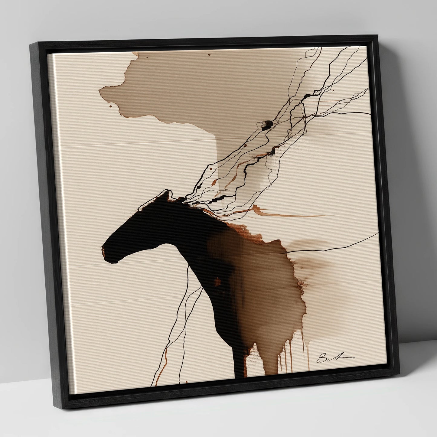 Fluid Sepia Silhouette horse portrait canvas wall art in black frame