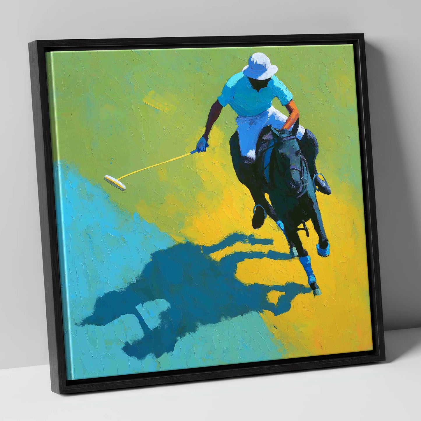 Sunlit Polo Pursuit polo horse canvas wall art in black frame