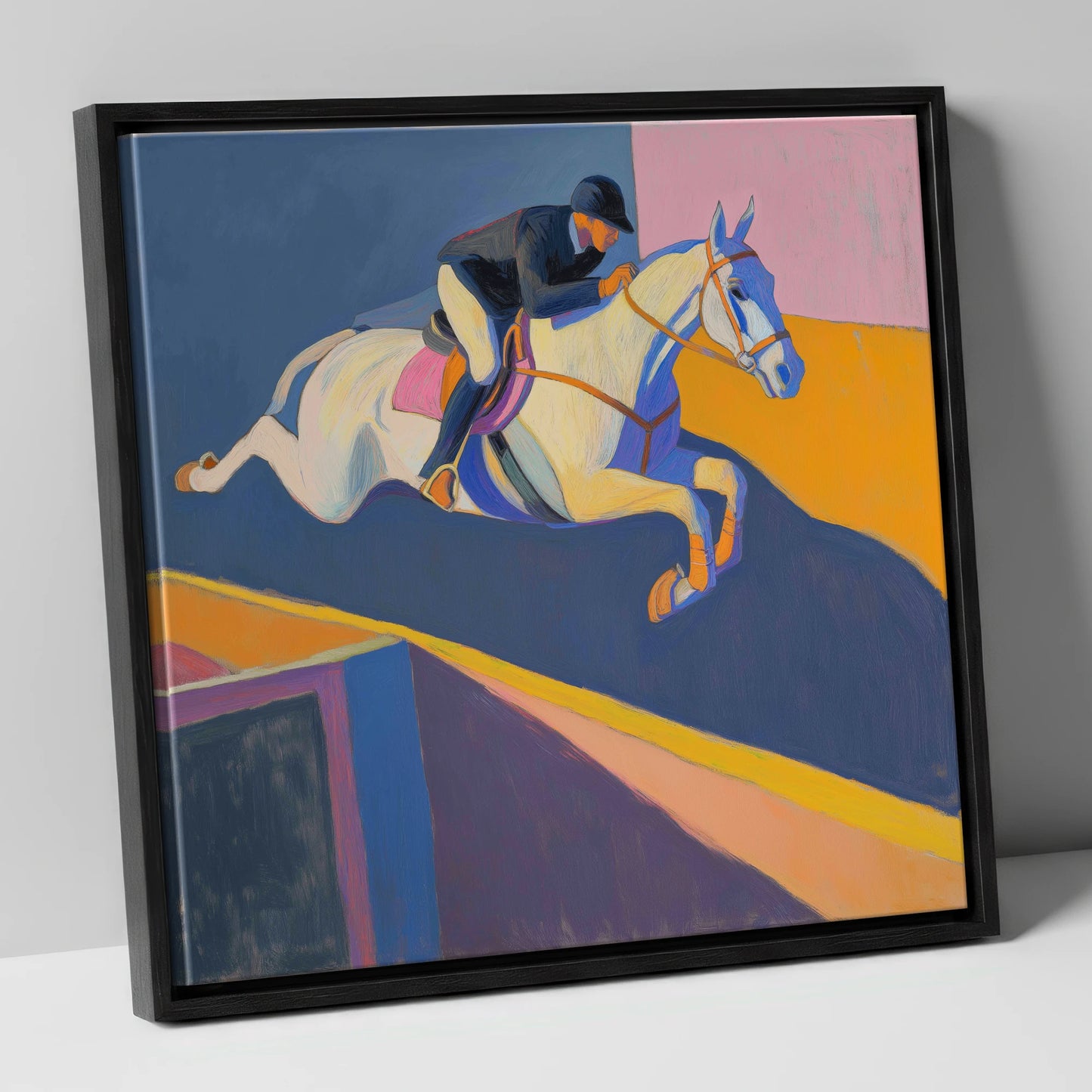 Bold Flight show jumping horse canvas wall art in black frame