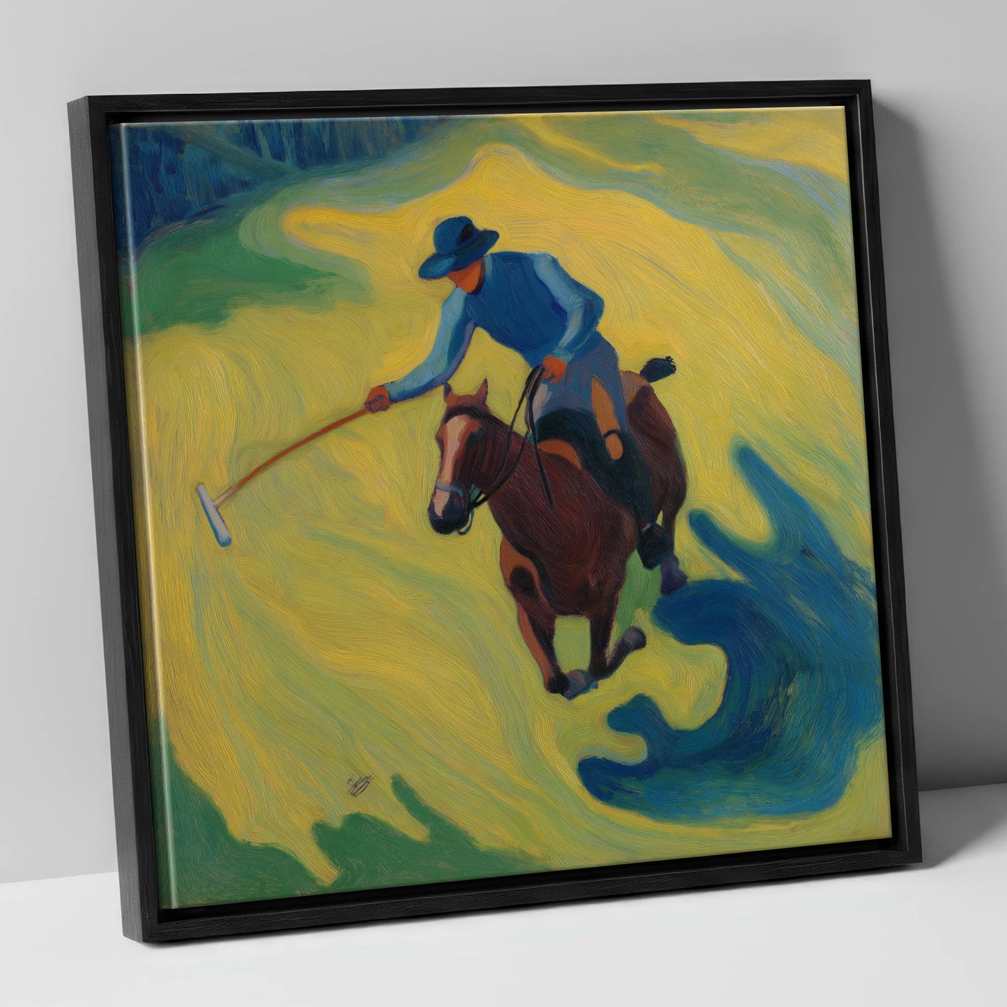 Sunlit Polo Swing polo horse canvas wall art in black frame
